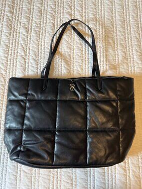 Victoria Secret Quilted Puffer Tote Bag Black Silver V Logo Emblem Long Straps